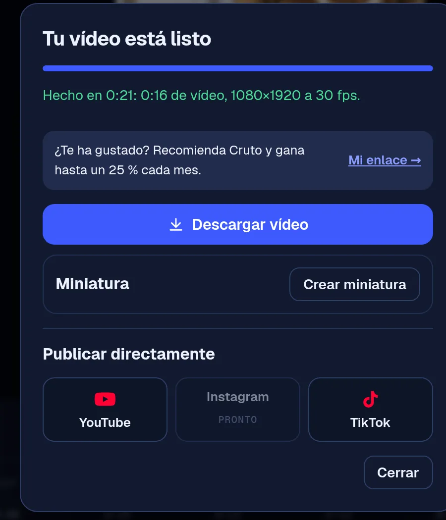 Janela do Cruto ao terminar a exportação: baixar o vídeo, criar miniatura e publicar no YouTube ou TikTok