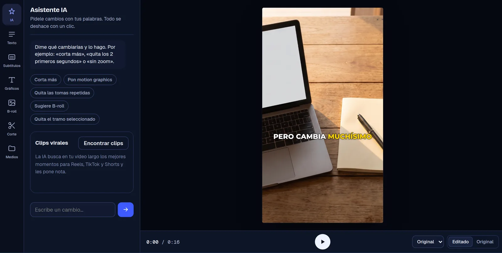 Assistente IA do editor do Cruto: pedidos rápidos como «Corta mais» ou «Tira os takes repetidos» e o buscador de clips virais